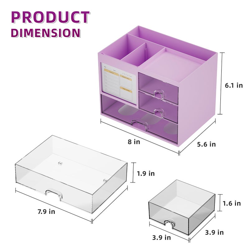 Marbrasse Desk Organizer with 3 Drawer, Multi-Functional Pencil Pen Holder, Desk Organizers and Accessories with 4 Compartments,Desktop Organizer Storage for Office Home Art Supplies (Purple) - Image 3
